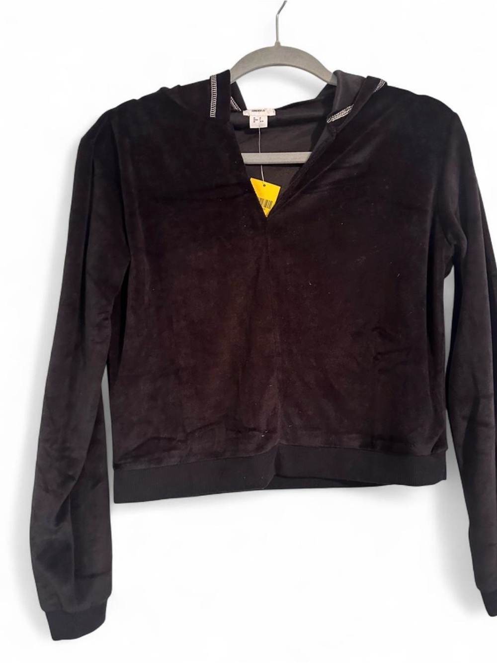 Forever 21 Black Velour V-Neck Pullover Hoodie Sweatshirt